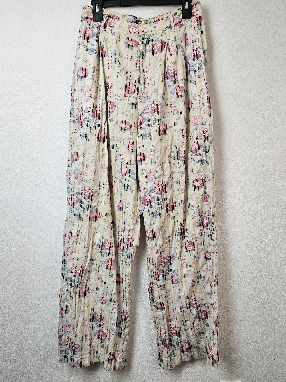 J Peterman Company Yellow Striped Floral Pleated Wide Leg Pants Size 10 Pockets